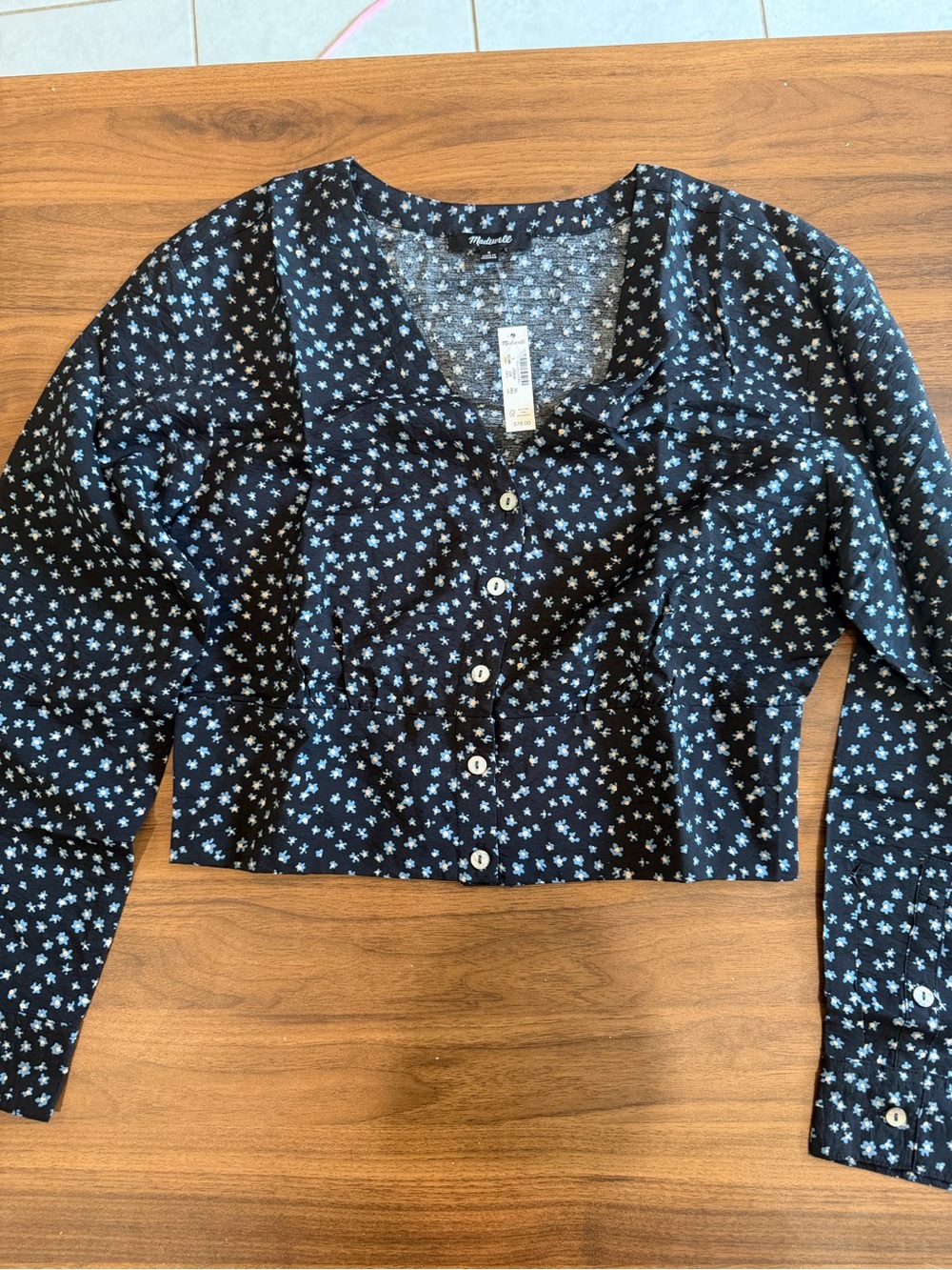 Madewell Black Button-Front Crop Top with Small Blue Floral Print